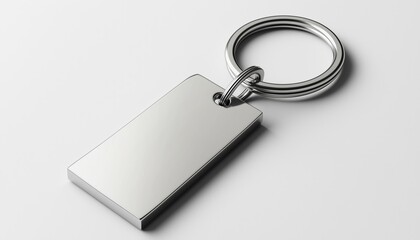 Blank Metal Rectangular Keychain With Key Ring On White Background: Perfect For Branding, Identity Guidelines, And Promotional Campaigns