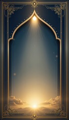 Elegant Gold Islamic Frame with a Central Burst of Light and Cloudy Sky