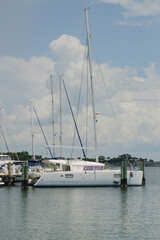 Sailboats Moored at a Marina on a Cloudy Summer Day. Multiple sailboats securely docked at a...