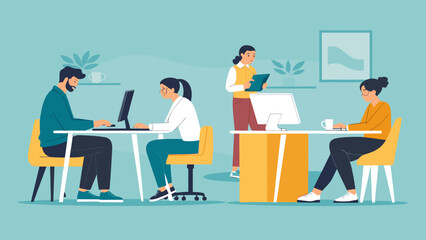 A modern flat illustration depicts a diverse group of professionals actively collaborating and working efficiently in a contemporary office environment.