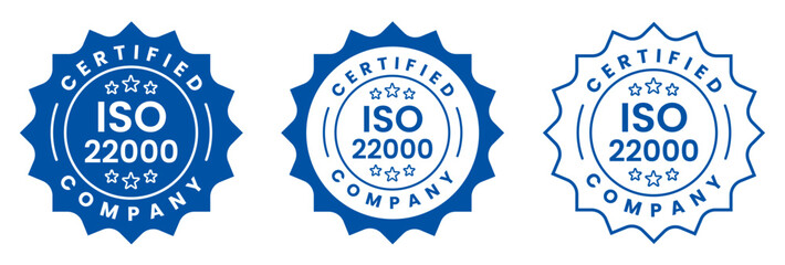 Obraz premium ISO 22000 certified food safety management system label stamp badge, seal emblem icon, quality, assurance, standard compliance, guarantee, approval mark vector illustration