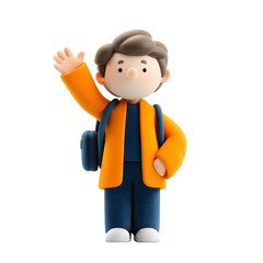 Friendly 3D Cartoon Student Waving Hello with a Backpack on transparent background Illustration