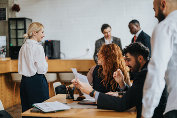 Group of businesspeople discussing documents and ideas in a cozy cafe co working space, fostering...
