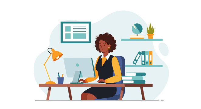 An African American businesswoman works at her desk with a computer, lamp, and books in a modern, bright office, showcasing productivity and professionalism.