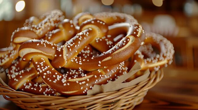 Freshly Baked Salted Pretzels in Wicker Basket
