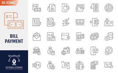 Bill Payment Line Editable Icons set.  Containing bill, payment, money, atm, cash, document and more. Vector illustration
