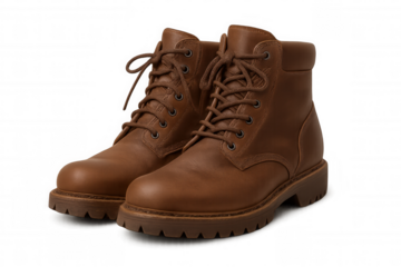 Classic brown leather hiking boots with tied laces, isolated on a transparent background, ready for outdoor adventures