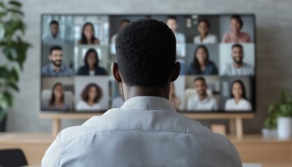 Virtual Meeting With A Diverse Multiracial Team: Young African-American Man Leading Discussion Via Video Connection, Seen From Behind.
