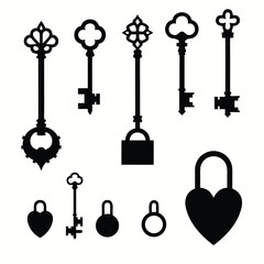 Collection of antique and modern black key and lock silhouettes