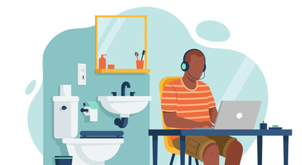 Man works remotely on laptop with headset in a bathroom, illustrating challenges and adaptability of working from home.