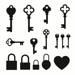 Collection of antique and modern black key and padlock silhouettes