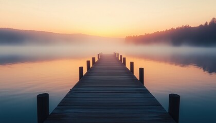 Fototapeta premium Scenic Sunrise On Lake With A Long Pier Overlooking The Water - Through Fog On A Beautiful Morning By The Lake
