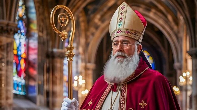 A solemn Santa Claus portrayed as the historical Saint Nicholas, standing in a grand cathedral wearing bishop's robes and holding a golden crosier