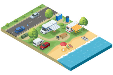 Isometric illustration of a seaside camping area with RVs, caravans, cars, beach chairs, umbrellas, and portable toilets.