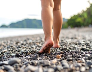 Barefoot stroll on a pebble beach