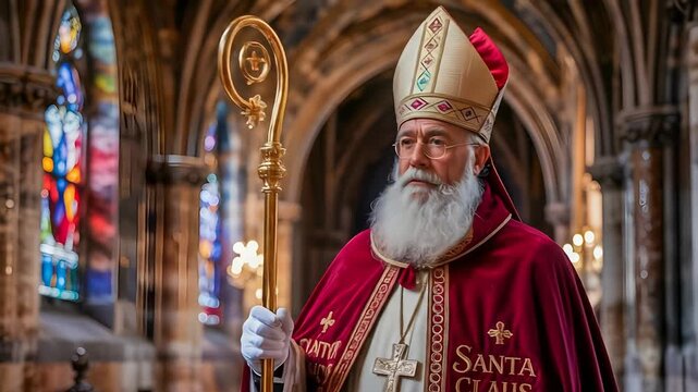 A solemn Santa Claus portrayed as the historical Saint Nicholas, standing in a grand cathedral wearing bishop's robes and holding a golden crosier
