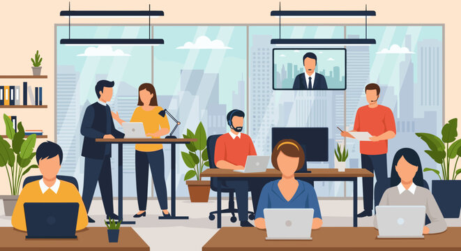 A vibrant open-plan office environment showcases diverse professionals actively collaborating and working efficiently, embodying modern teamwork and corporate productivity.