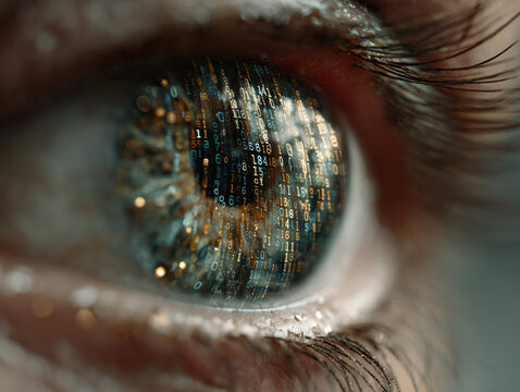 Close up of human eye with digital matrix code patterns reflecting on iris, symbolizing technology and data integration. image conveys futuristic and analytical theme
