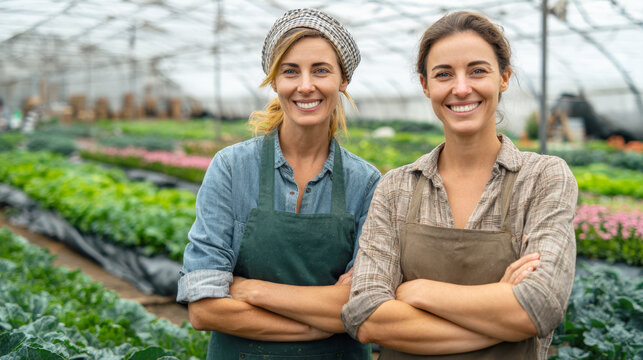portrait of two smiling women farmers in aprons and casual workwear, standing proudly with their arms crossed in a lush greenhouse. Image embodies teamwork, sustainability, joy of working with nature