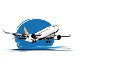 Illustrated airplane taking off, against a blue circle representing the sun, in a minimalist style with dynamic lines