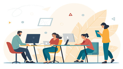 Diverse team of professionals collaborating in a modern office, working on computers and tablets. Represents productivity, teamwork, and digital workflow in business.