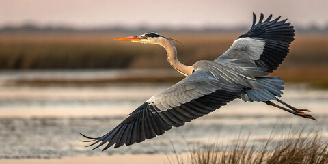 Fototapeta premium A grey heron in mid-flight, captured with elegant precision against a soft, muted background. The bird showcasing its long, slender neck stretched forward and its powerful wings fully extended.