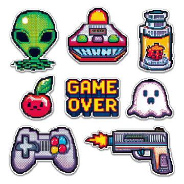 Retro Arcade Sticker Sheet PNG, 8-Bit Gamer Bundle, 80s Pixel Art