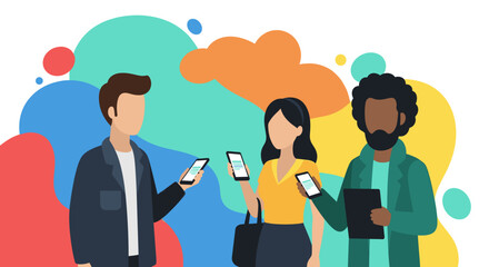 Diverse individuals engage with their mobile phones, illustrating modern digital communication, social networking, and technological connectivity in a vibrant, abstract setting.