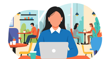 A determined young professional efficiently utilizes her laptop within a bustling contemporary cafe, surrounded by other engaged individuals.