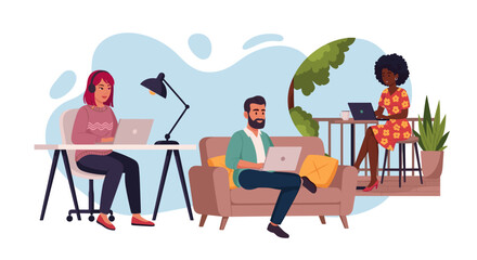 Modern diverse individuals are engaged in flexible remote work, using laptops from various home and outdoor settings, symbolizing digital connectivity.