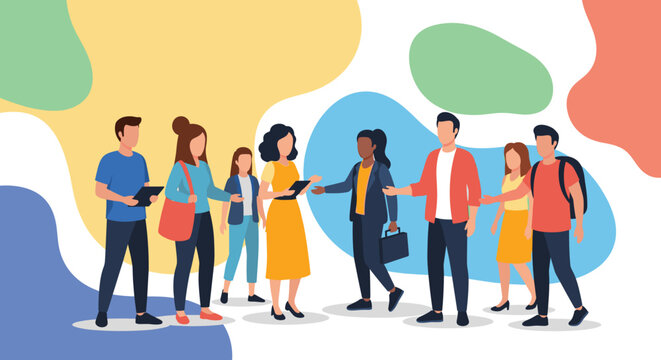 A diverse group of young professionals and students engage in dynamic discussions and collaborative exchanges against a vibrant, abstract background.