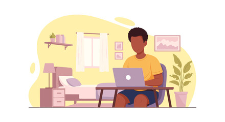 A young Black man comfortably works on his laptop from the floor of his cozy bedroom, embodying the modern remote work lifestyle and digital nomad freedom.