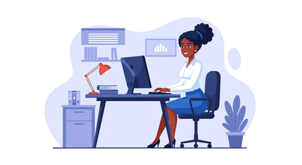 A smiling African American woman diligently works at her desktop computer in a modern home office, embodying productivity and focus.