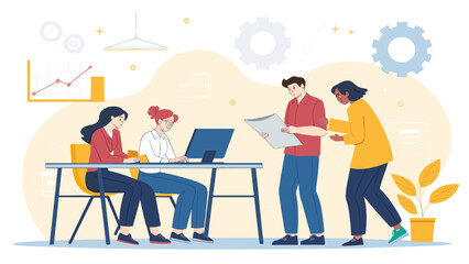 Diverse team collaborates on a business project in a modern office setting, discussing charts and data.