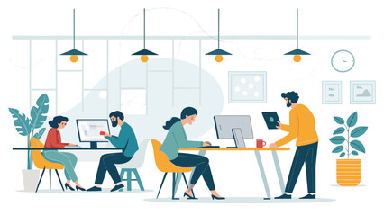 Diverse team collaborates effectively in a modern, bright office space, fostering productivity and innovation.