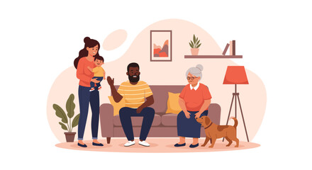 A diverse, multi-generational family enjoys quality time together in a cozy living room, creating warm memories.