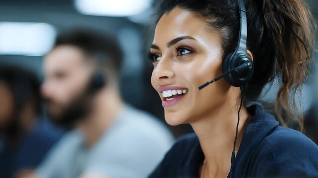A focused sales team member making an outbound call in a corporate office setting  long title A professional woman wearing a headset and focused
