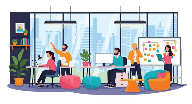 A dynamic open-plan office space where a diverse team of professionals collaborates on projects, fostering innovation and a productive work atmosphere.