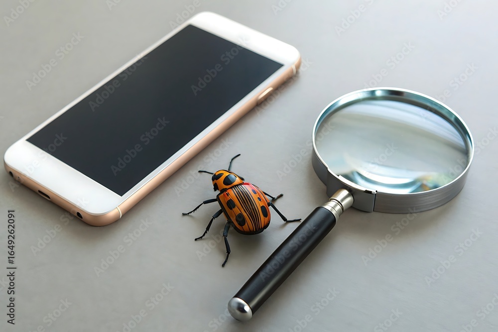 Poster a bug on a smartphone next to a magnifying glass, symbolizing the search for problems, errors, or de
