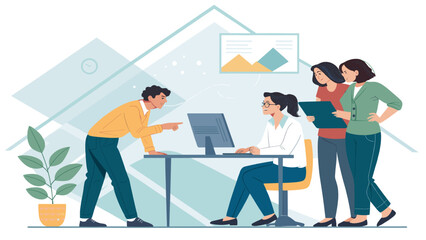 Professional business team collaborating on a project, analyzing data, and discussing strategy in a modern office environment. Teamwork and growth.