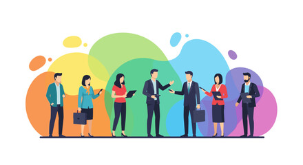 Diverse group of professionals collaborating and communicating in a modern, colorful abstract workspace.