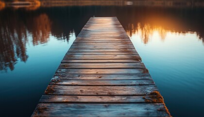 Naklejka premium Rustic Pier Overlooking Sunlit Pond: Capturing The Perfect Mirror Image With A Unique Perspective View On The Water Surface