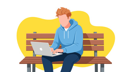 Young man in casual clothing working on a laptop computer while sitting on a park bench with a yellow background.