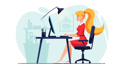 A blonde woman in a red dress works diligently at her computer desk, illuminated by a desk lamp in a modern office.