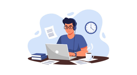 A focused young man wearing headphones diligently works on his laptop at a home desk, embodying modern remote work and digital productivity.