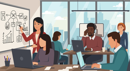 A diverse team of professionals collaborates on a strategic project, analyzing data and developing innovative solutions in a modern office environment.