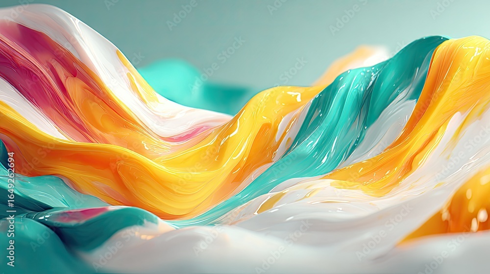 Poster energetic multicolor gradient stream flowing like a wave across a bright white field in an abstract 