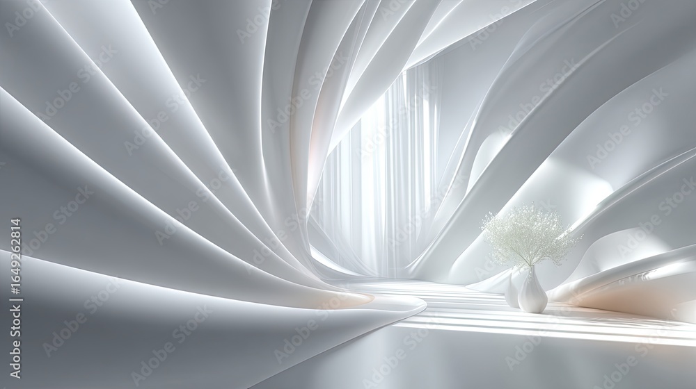 Poster luminous abstract gradient wave forming curves and arcs across a stark white background