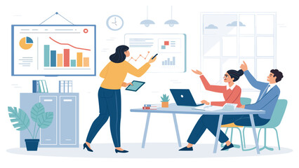 A dynamic business team collaborates on strategic data analysis and presentation, fostering innovation and achieving company goals in a modern office environment.