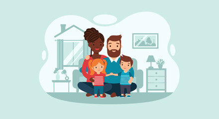 A loving diverse family, including parents and two happy children, sits comfortably together in their cozy home, symbolizing unity, security, and domestic bliss.